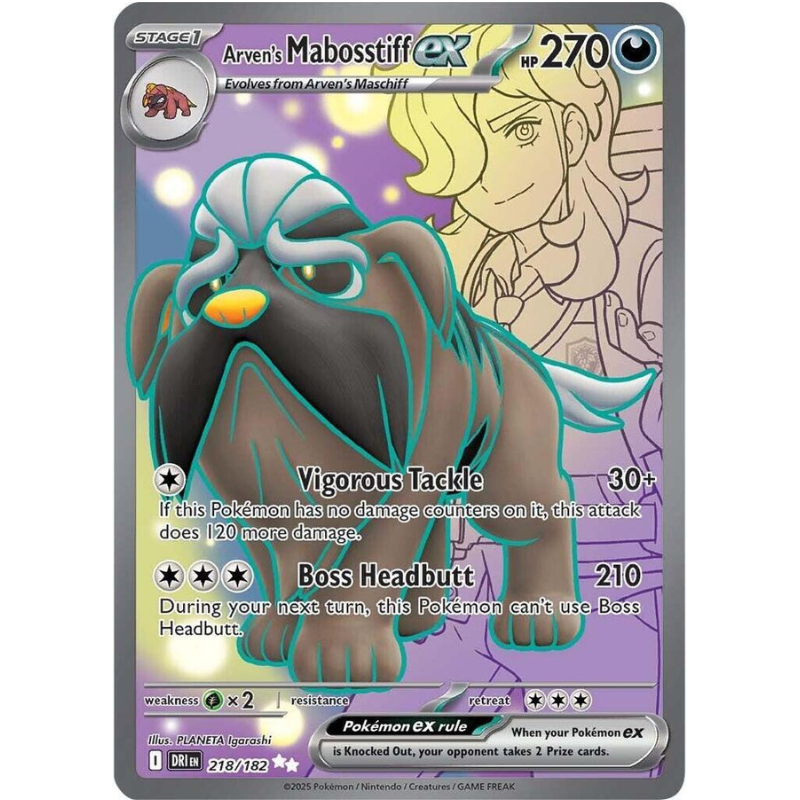 Pokémon trading card featuring Arven's Mabosstiff ex with character illustration in the background