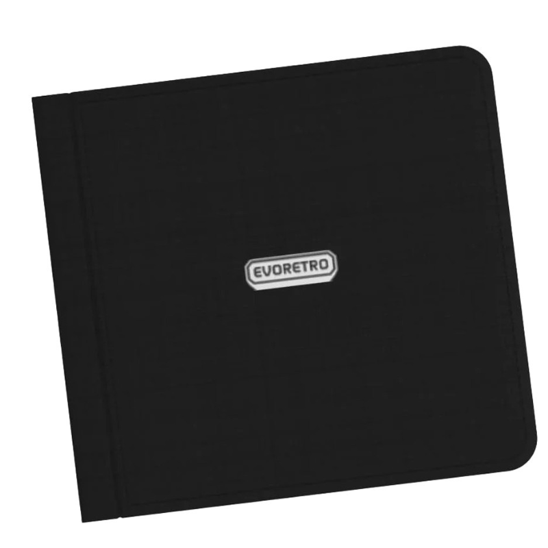 A black fabric pouch or cover with rounded corners and a small silver and white EVORETRO logo badge in the center, shown on a plain white background.