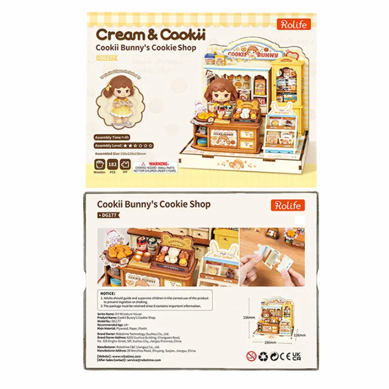 The retail packaging of the 'Cream & Cookii' Cookii Bunny's Cookie Shop (ED1017) wooden miniature building set by Rollife, showing both the front and back of the box on a white background.