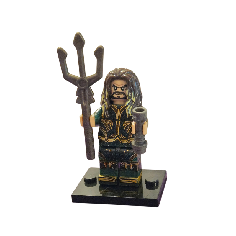 Minifigure with a trident and weapon on a white background