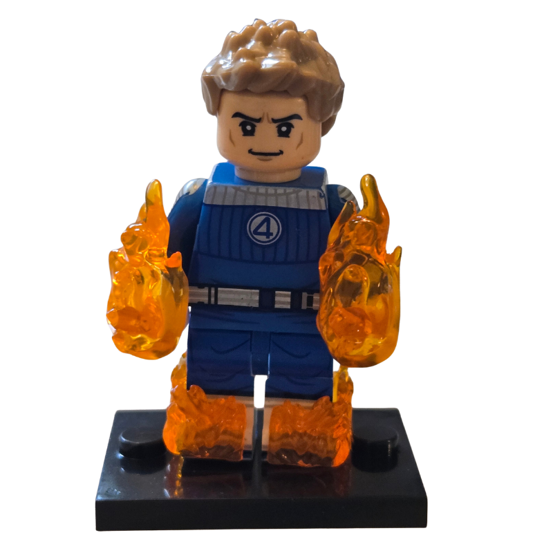 Toy figure with fiery hands on a white background