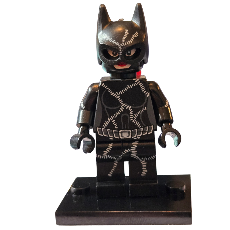 Black superhero minifigure with bat emblem on a white background