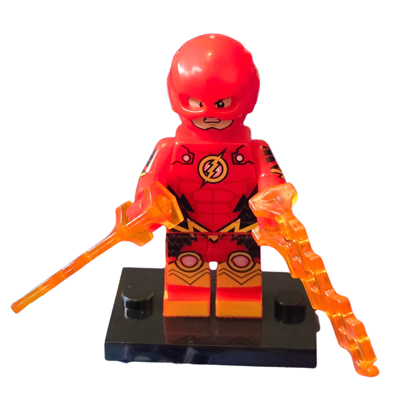 Superhero figure with red helmet and costume, holding a staff, on a white background