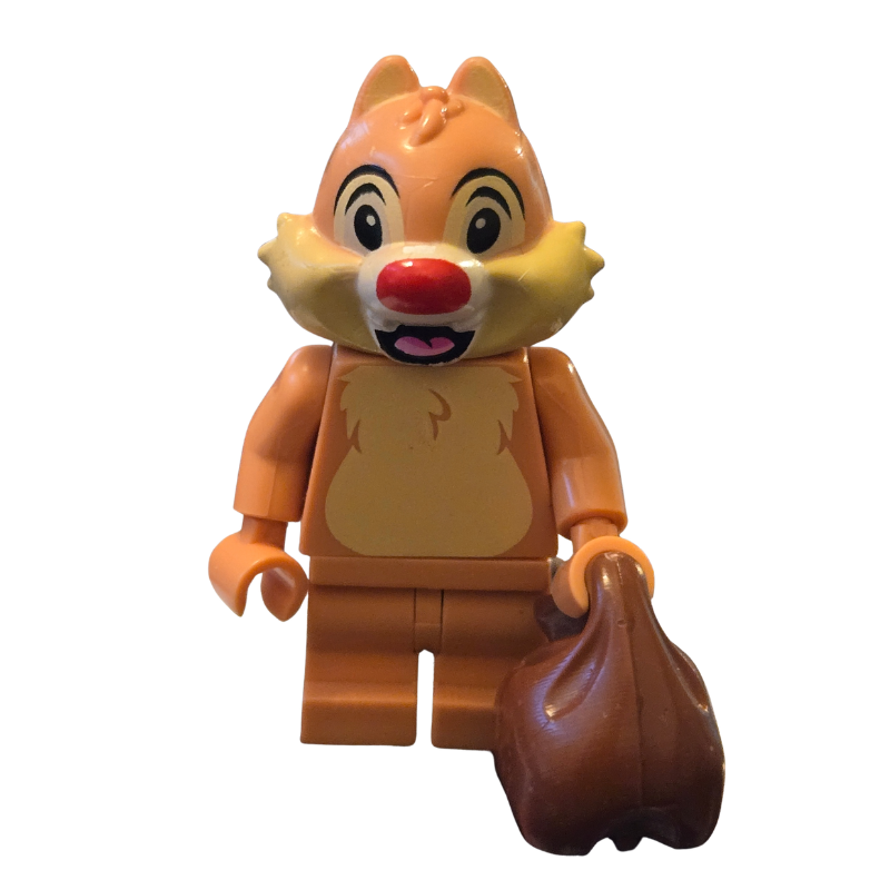 Toy figure of a cartoon character with a brown bag on a white background