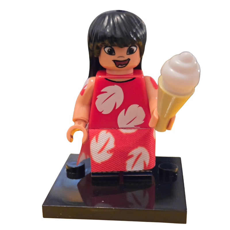 LEGO figure of a girl in a red dress holding an ice cream cone on a white background
