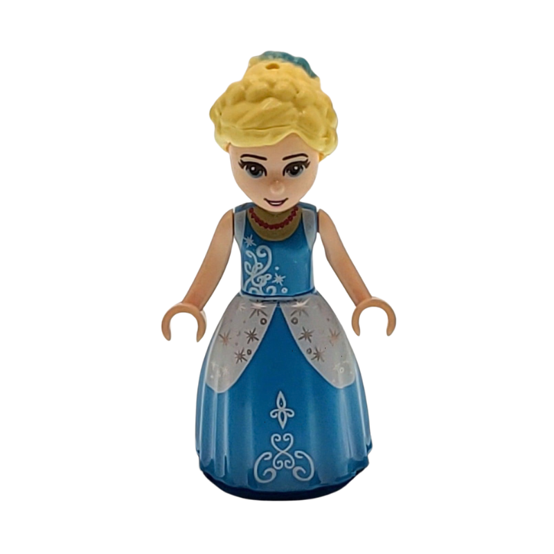 Toy figure of a princess in a blue dress with intricate designs on a white background