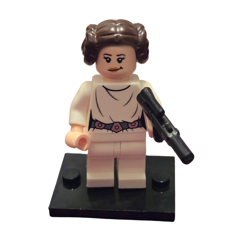LEGO minifigure of a character holding a microphone on a white background