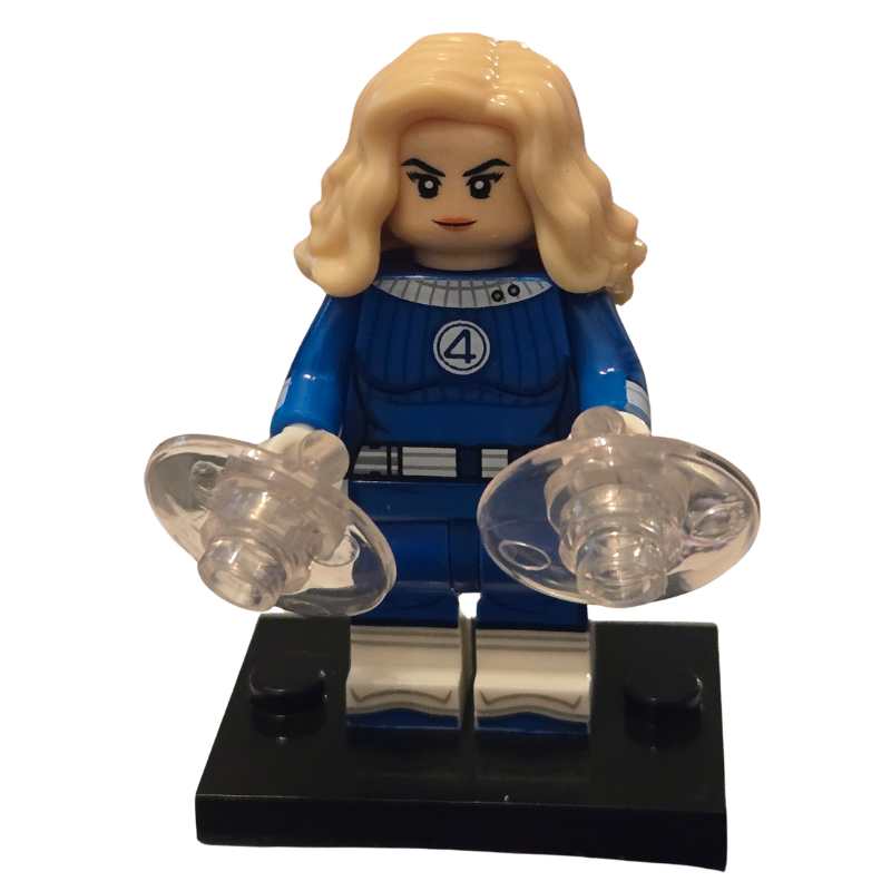 Toy figure with blue outfit and transparent arms on a white background