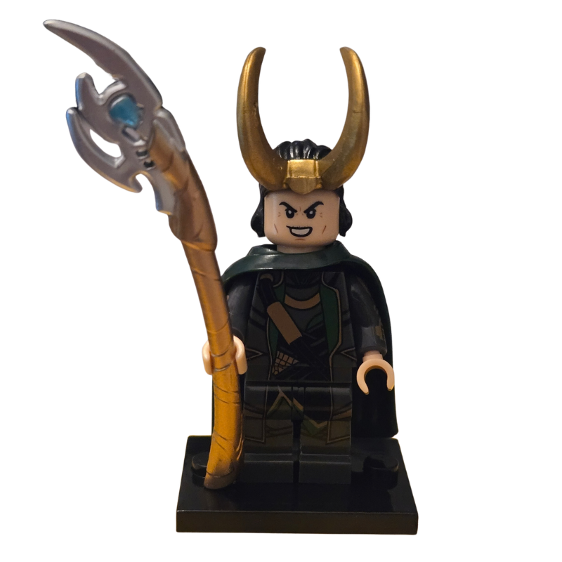 Toy figure with horns holding a weapon on a white background