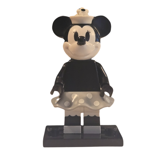 Custom Lego Compatible Minnie Mouse Minifig in red dress with white polka dots and a bow.