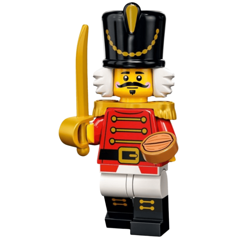 LEGO minifigure of a toy soldier with a mustache on a white background