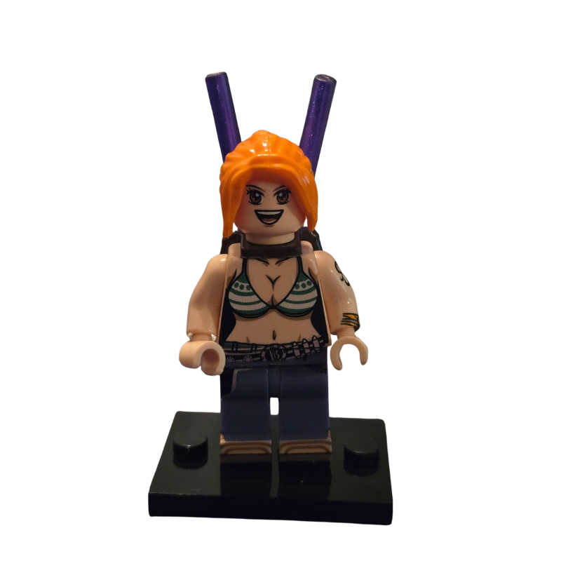 Toy figure with orange hair and purple antennas on a white background