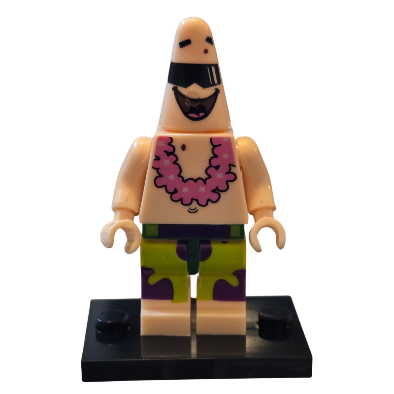 LEGO figure of a character with a pink flower lei and colorful shorts on a white background