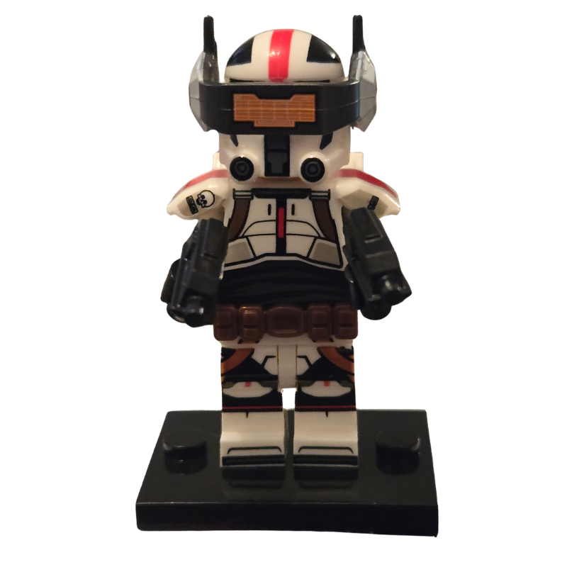 Toy figure on a black stand with a white background