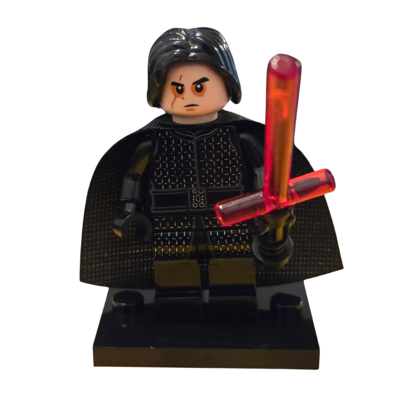 Minifigure in black armor holding red lightsabers on a white background