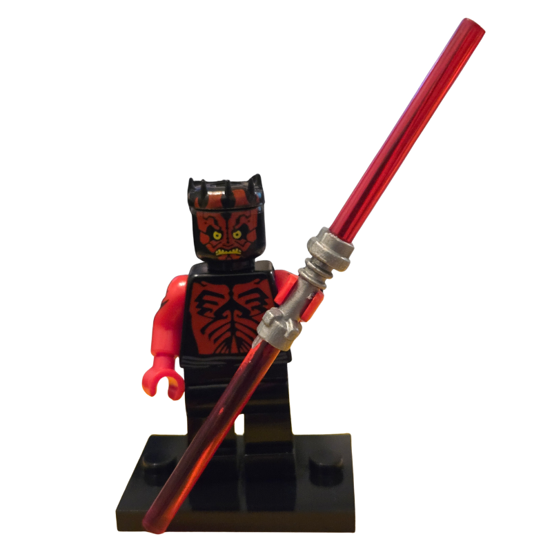 Minifigure with a red lightsaber on a white background