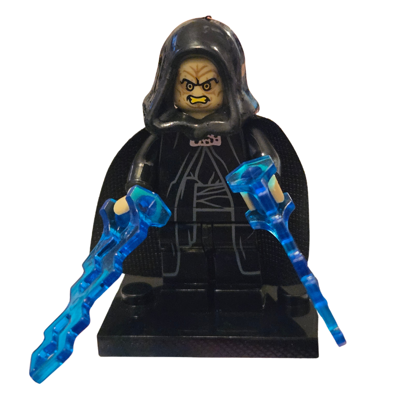 LEGO figure in black outfit with blue weapons on a white background
