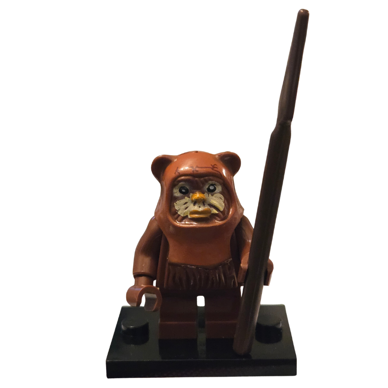 LEGO minifigure of an Ewok holding a staff on a white background