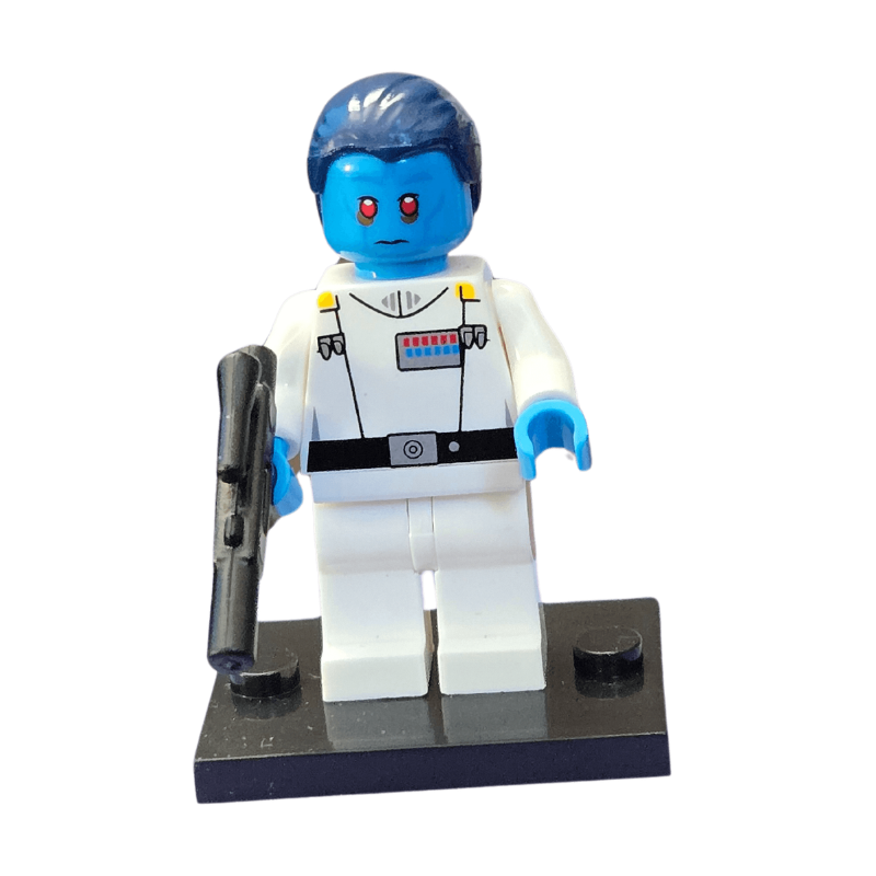 LEGO minifigure with blue skin and white outfit on a white background