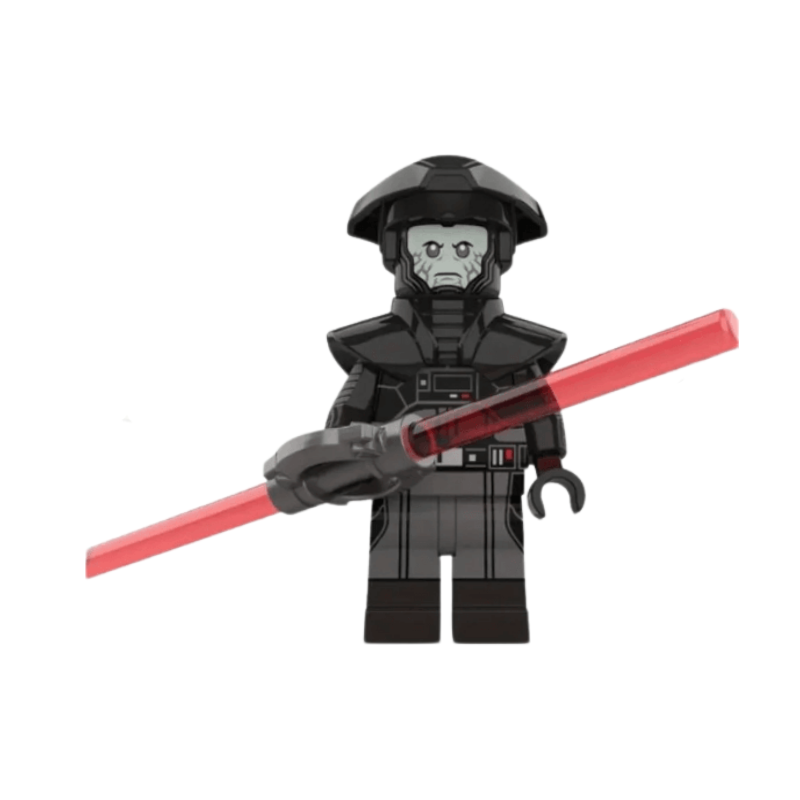 LEGO figure of a character with a red lightsaber on a white background