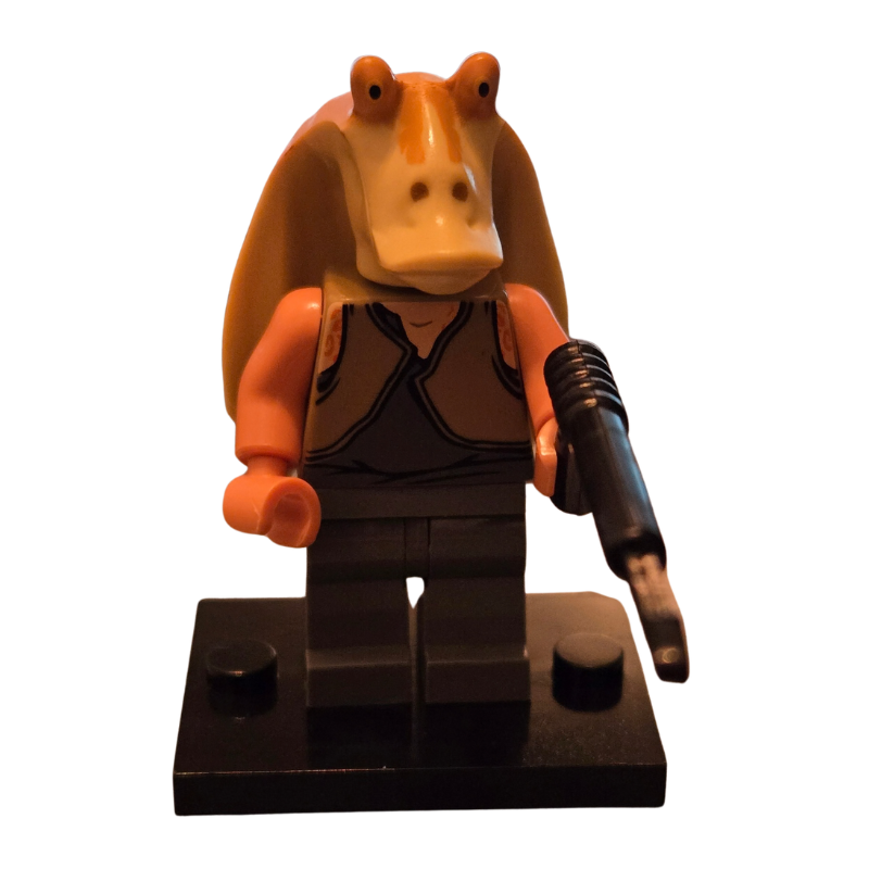 LEGO figure of a character with an orange head and brown body on a white background