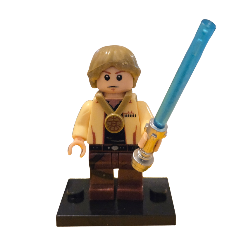 LEGO minifigure of a character from a science fiction series holding a blue lightsaber on a white background