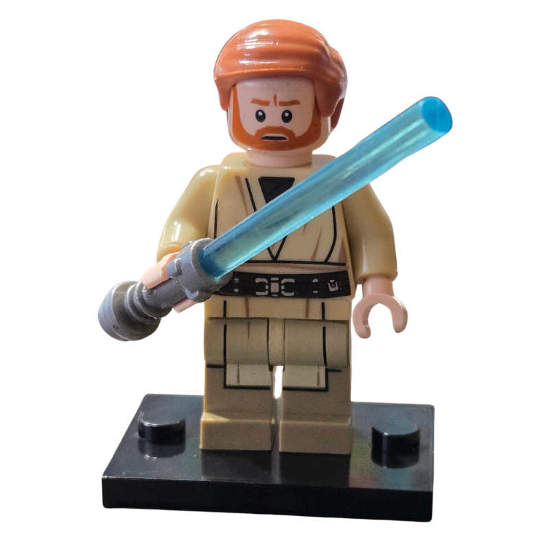 LEGO figure of a character with a lightsaber on a white background