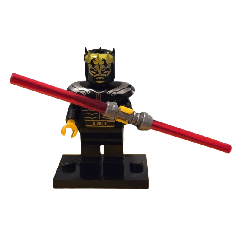 Black LEGO minifigure with a red light saber on a white background