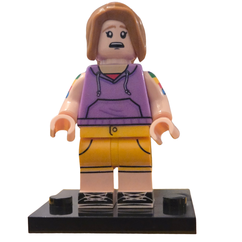 Toy figure with a purple shirt and yellow pants on a white background