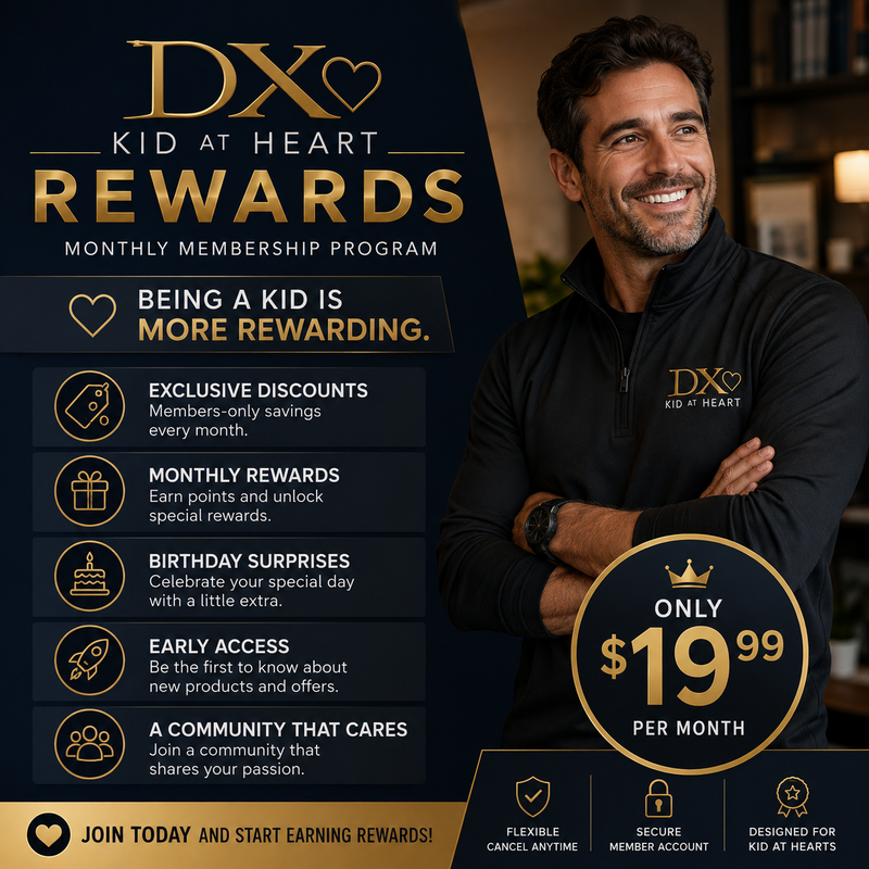 Advertisement for DX Kid at Heart Rewards program with a man in a branded jacket.