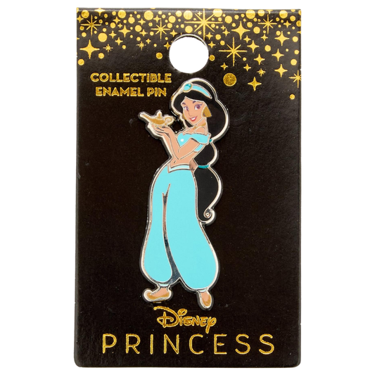 Disney Princess collectible enamel pin of Jasmine holding the Genie's lamp, mounted on a black display card with gold glitter accents and 'Disney PRINCESS' branding.