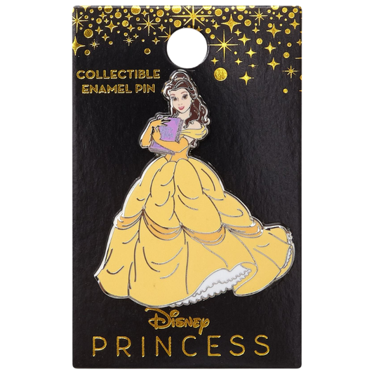 A Disney Princess collectible enamel pin of Belle in her yellow gown holding a purple book, mounted on a black display card with gold 'COLLECTIBLE ENAMEL PIN' and 'Disney PRINCESS' text.