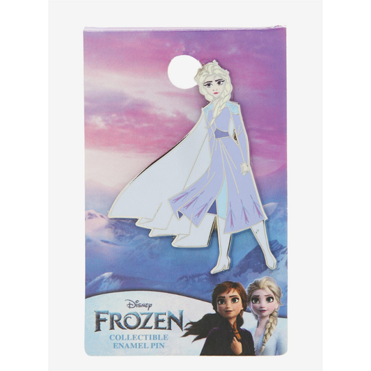 Disney Frozen collectible enamel pin of Elsa on its original illustrated backing card, featuring a purple and pink sky background with Elsa in her ice blue gown.