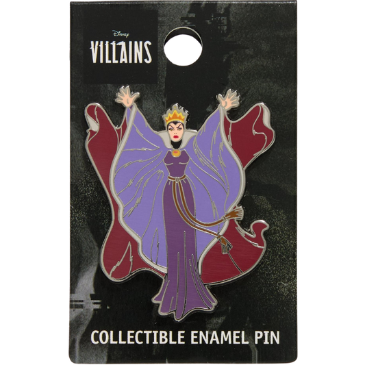 Disney Villains collectible enamel pin of the Evil Queen on a black display card. The pin features the Queen in a purple gown and large purple wings with a red cape, gold crown, and silver outlines.