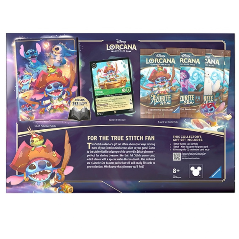 Disney Lorcana For the True Stitch Fan collector's gift set box and contents displayed on a dark purple background. The set includes a Stitch-themed art card, a Lorcana card, two Azurite Sea booster packs, and a Stitch-themed art print, with descriptive text and a Ravensburger logo at the bottom.