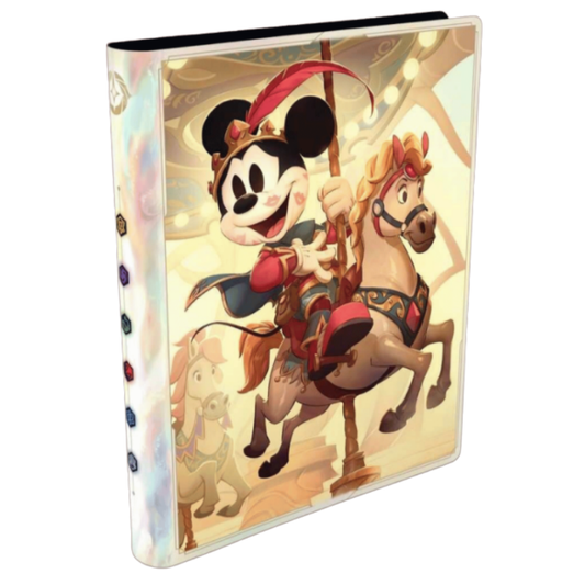 A clear plastic binder or folder with a printed cover illustration of Mickey Mouse riding a carousel horse, shown on a plain white background.