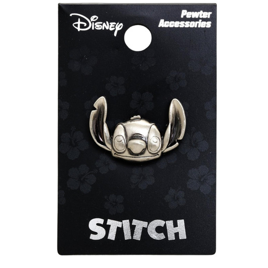 A silver metal Disney Stitch accessory pin mounted on a black display card with 'Disney' and 'Pewter Accessories' branding and the name 'STITCH' printed at the bottom.