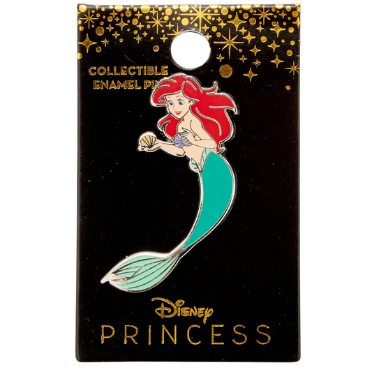 Disney Princess collectible enamel pin of Ariel on a black display card with gold lettering and star details.