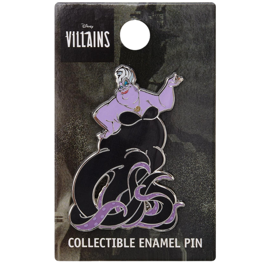 Disney Villains collectible enamel pin of Ursula the Sea Witch, mounted on a dark textured display card with 'Disney VILLAINS' branding at the top and 'COLLECTIBLE ENAMEL PIN' at the bottom.