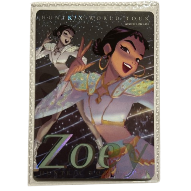A collectible holographic card from the Disney's Enchanted Storyline X: Huntrix World Tour, featuring an illustration of the character Zoey in a white and gold costume against a starry night sky. The card is encased in a clear protective plastic sleeve.