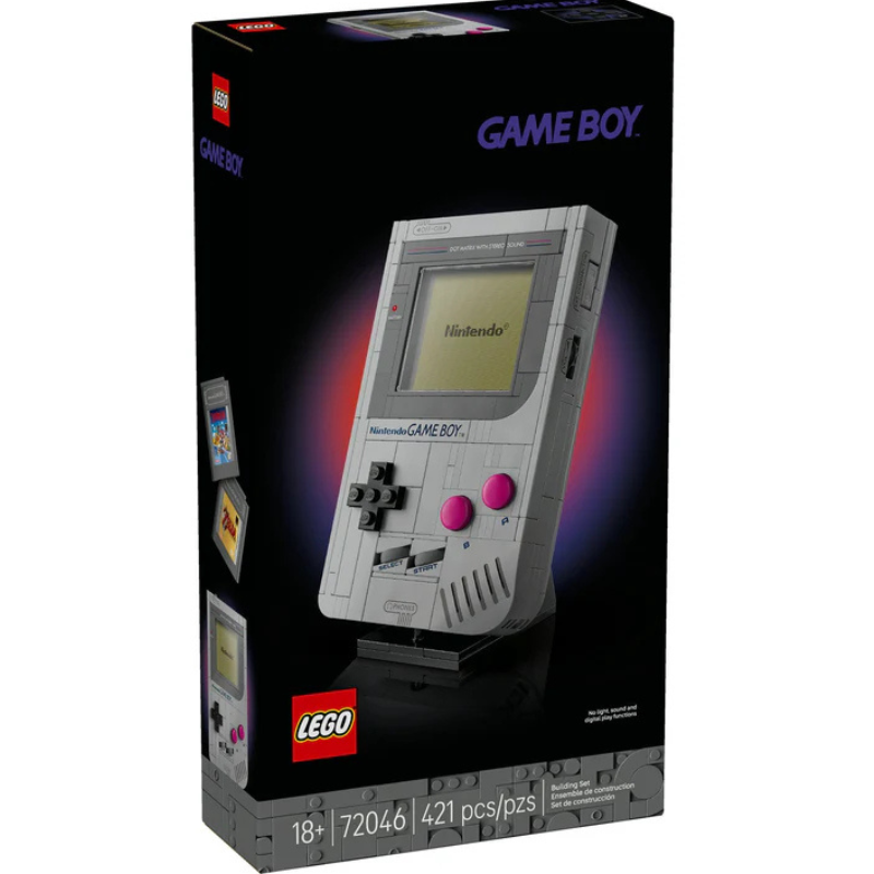 LEGO Game Boy toy building set in its original retail packaging, featuring a classic gray handheld console with pink buttons on the front of the black box.