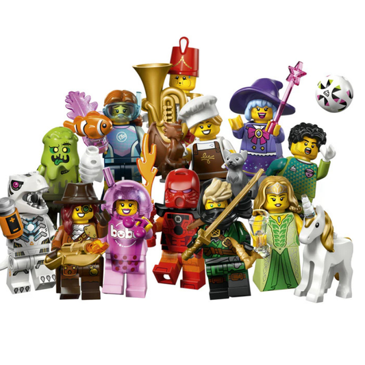 A group of LEGO minifigures and small accessories arranged together on a plain white background. The set includes figures in purple, green, red, pink, brown, and white, along with a trumpet, soccer ball, and unicorn.