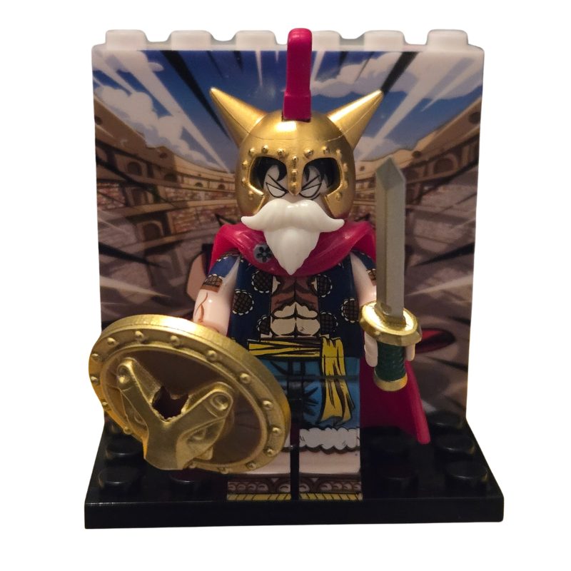 Toy figure of a warrior with armor and shield on a stand with a background of a colosseum.