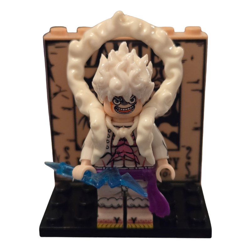 Toy figure with a white, ghost-like appearance holding a blue sword on a black base.