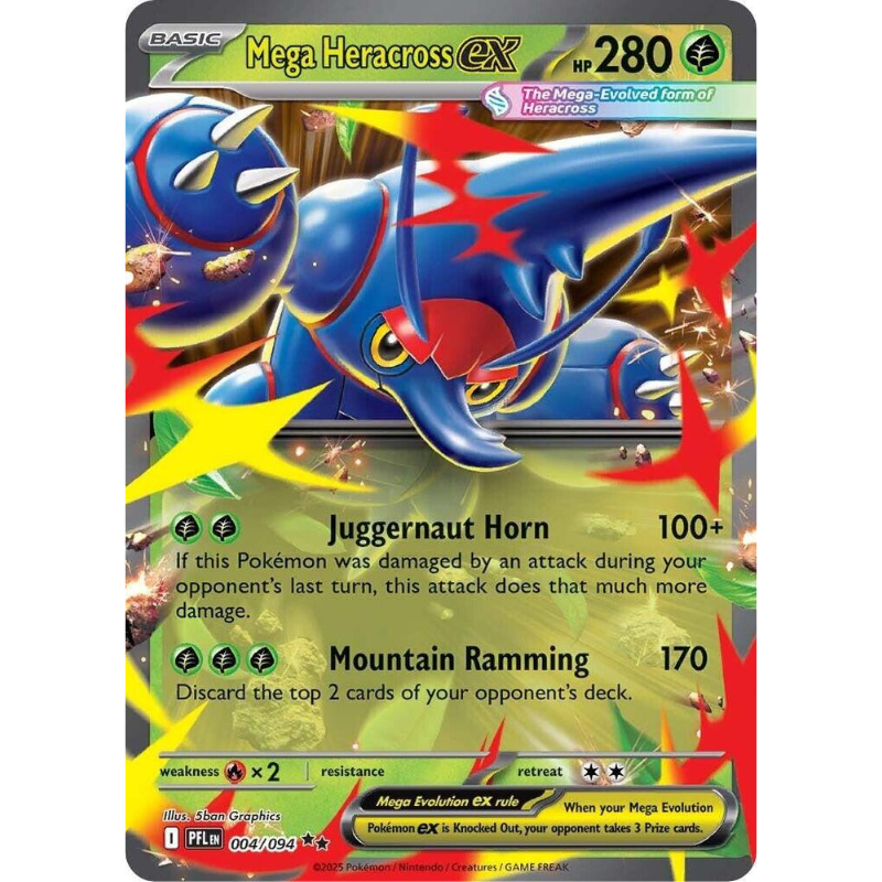 Pokémon trading card featuring Mega Heracross EX with colorful design and text.