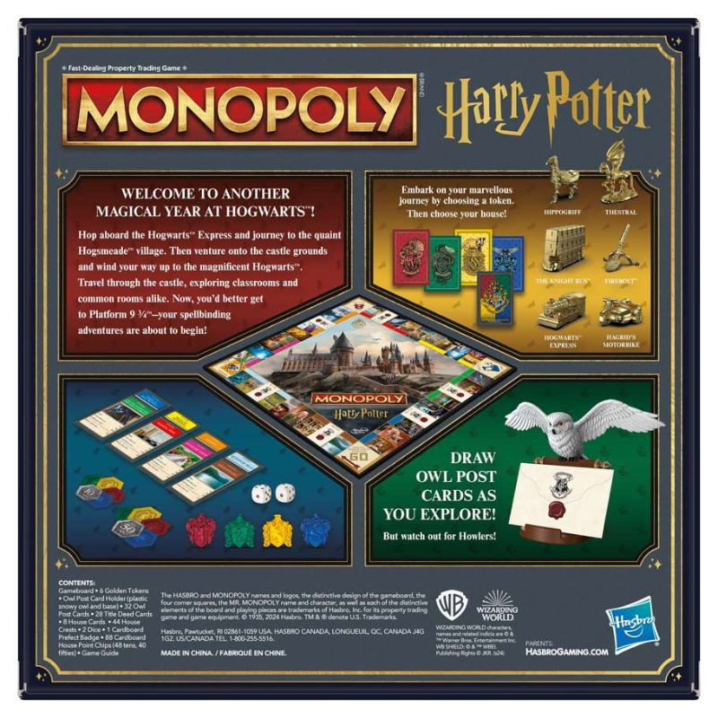 Front of the Monopoly Harry Potter board game box, showing the game board, cards, money, and themed illustrations including Harry Potter, Hogwarts, an owl, and Hasbro and Warner Bros. logos.