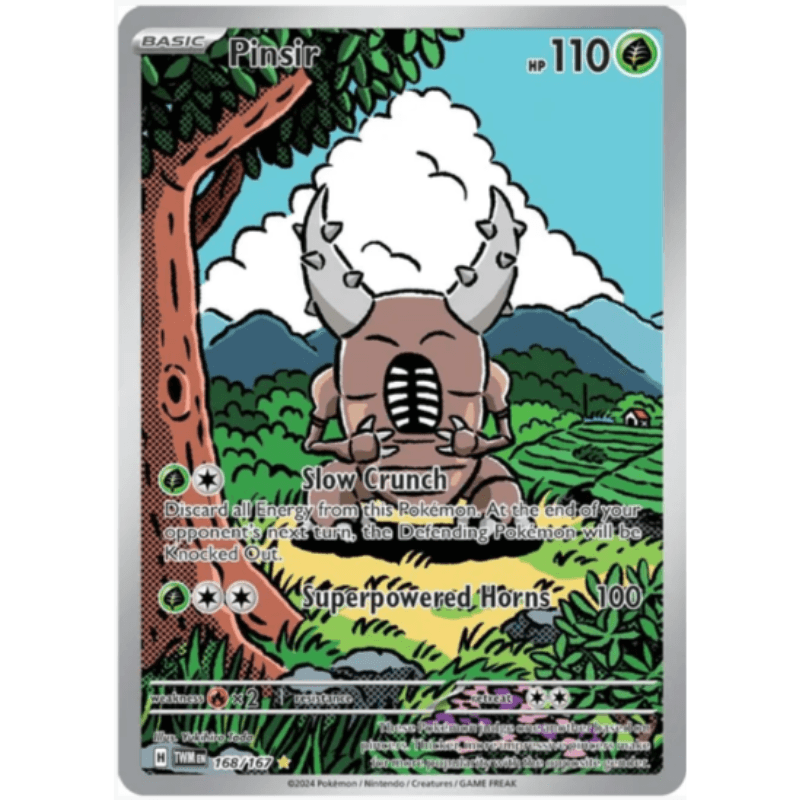 A trading card featuring the Pokémon Pinsir with an illustration of the character in a forest setting. The card includes game stats and card information.