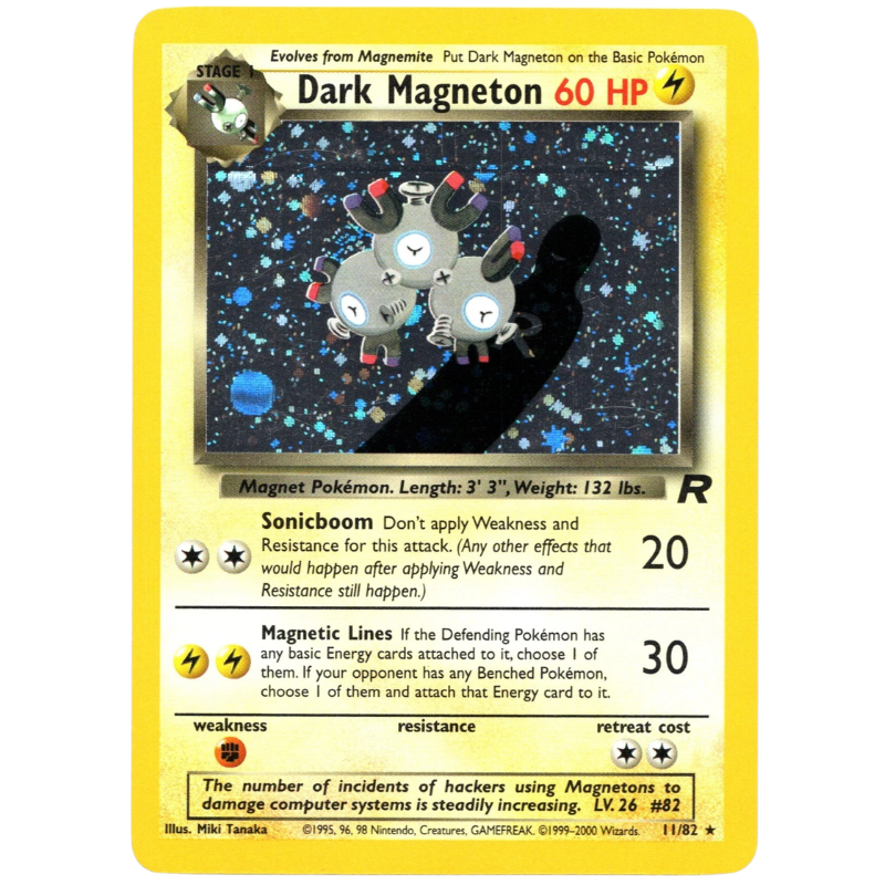 A single Pokémon trading card for Dark Magneton, shown against a plain white background. The card has a yellow border, black text, a central artwork panel with dark blue and black space imagery, and Pokémon branding and card details printed on it.