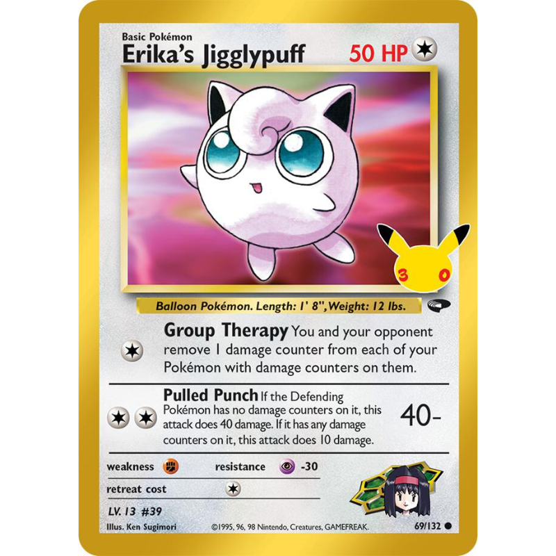 A single Pokémon trading card for Erika's Jigglypuff from the Basic Pokémon set. The card has a gold border, a central illustration of a pink-and-white Jigglypuff, and text detailing its 50 HP, balloon form, and attacks like Group Therapy and Pulled Punch.