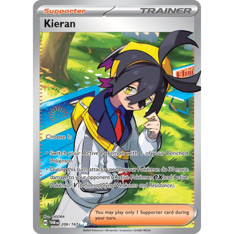 A Pokémon trading card featuring Kieran from Pokémon Emerald, with a silver border, colorful character illustration, and game text on a plain white background.